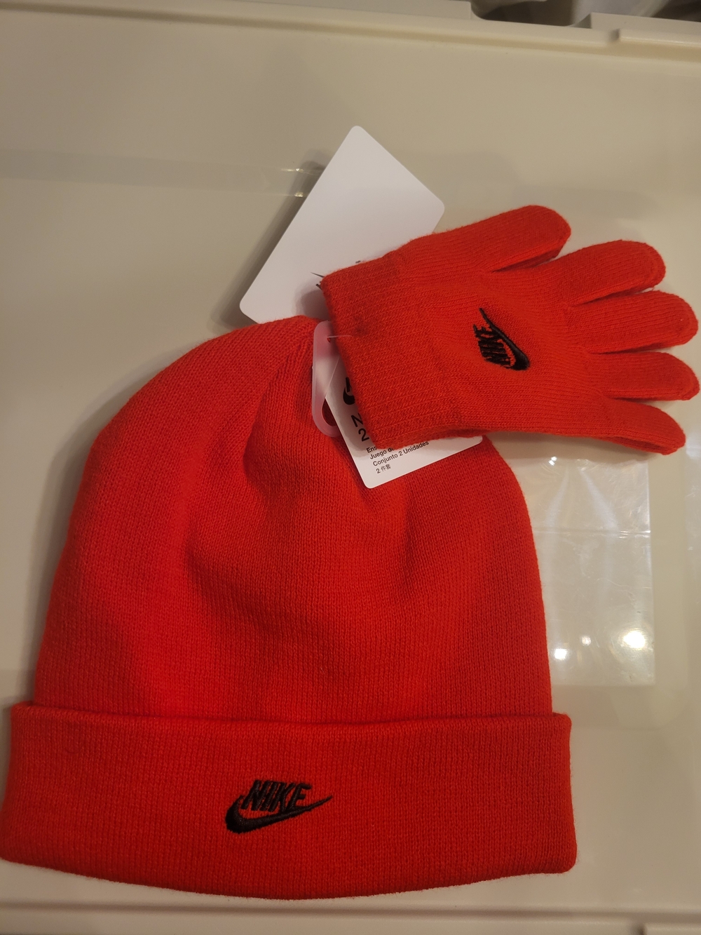 Boys' Nike Red Knit Beanie and Glove Set with Black Swoosh